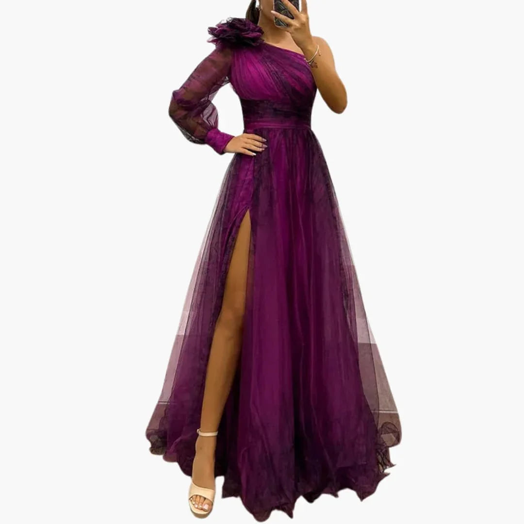 One-Shoulder Maxi Dress with Mesh Print - Women's Evening Wear