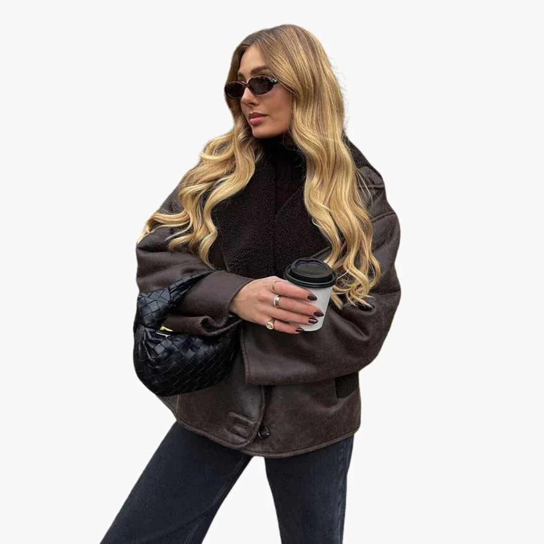 Elegant Women's Leather Jacket in Brown  Warm and Long-Sleeved