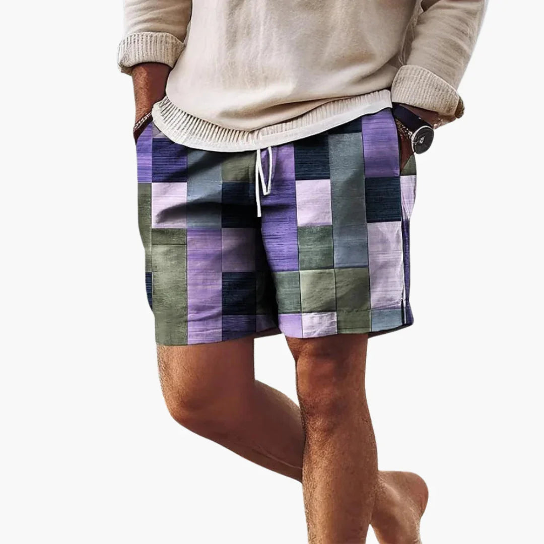 Men's Swim Shorts with Elastic Waistband and Multicolored Block Pattern