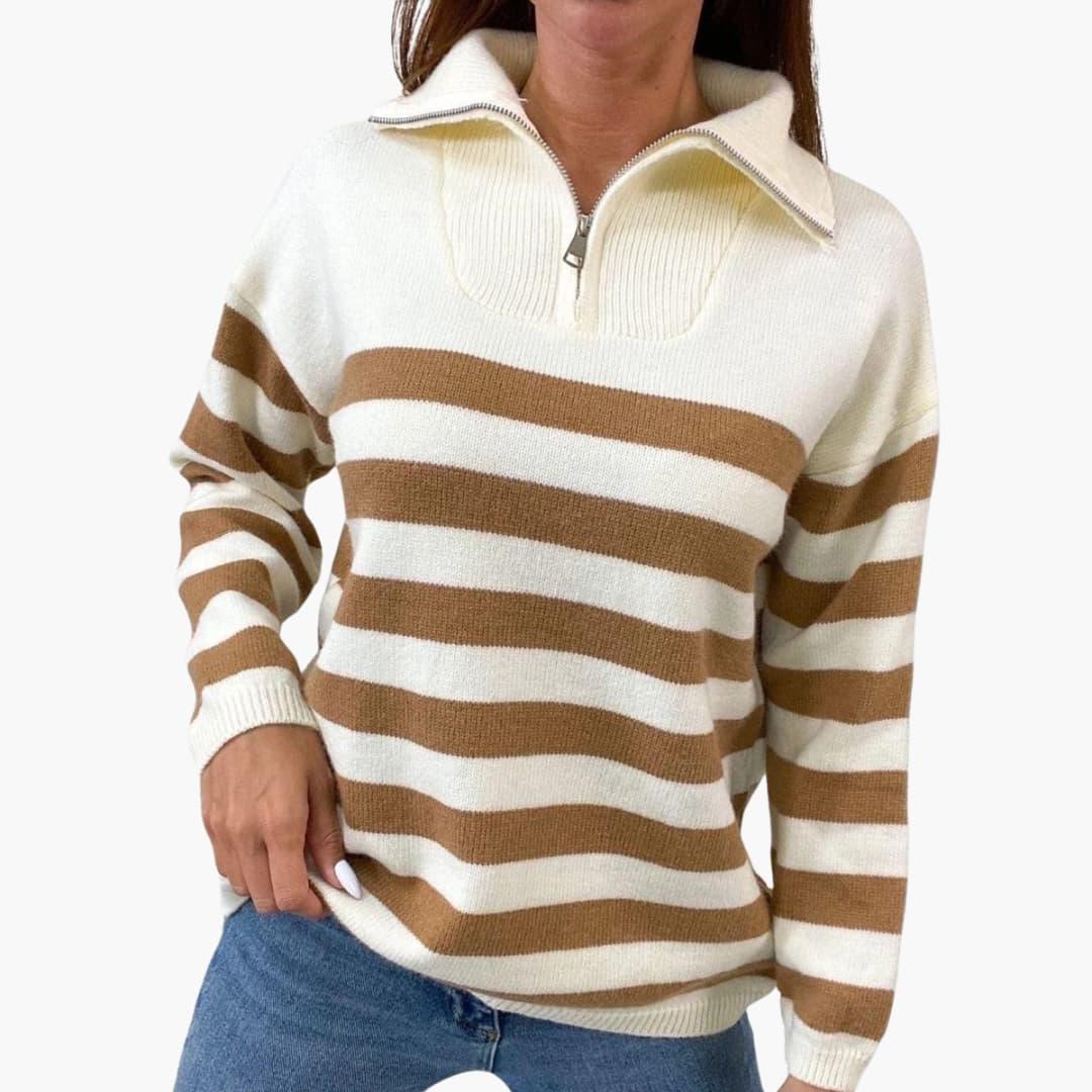 Striped Zip-Up Sweater for Women with Stand Collar
