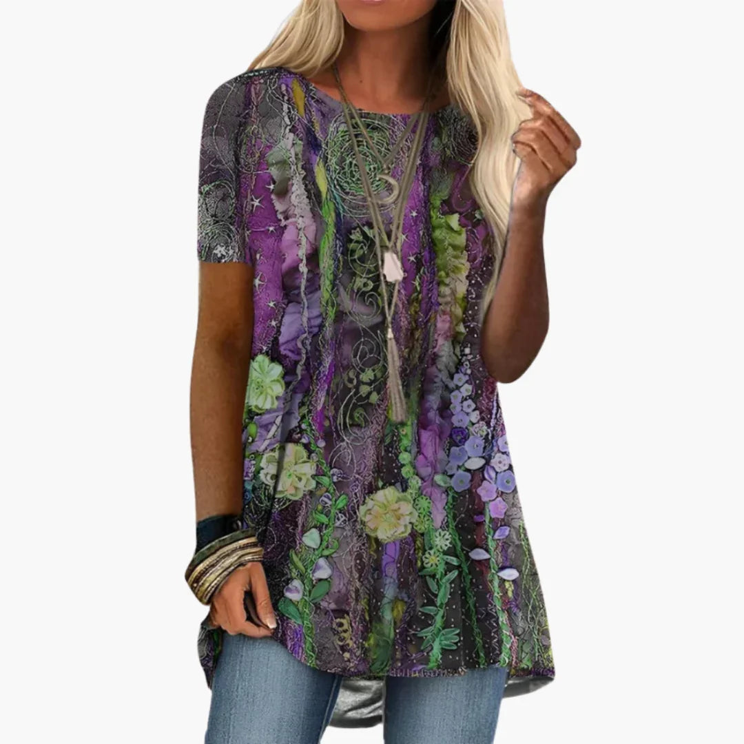 Floral Blouse for Women - Short Sleeve, Multicolored, Elegant