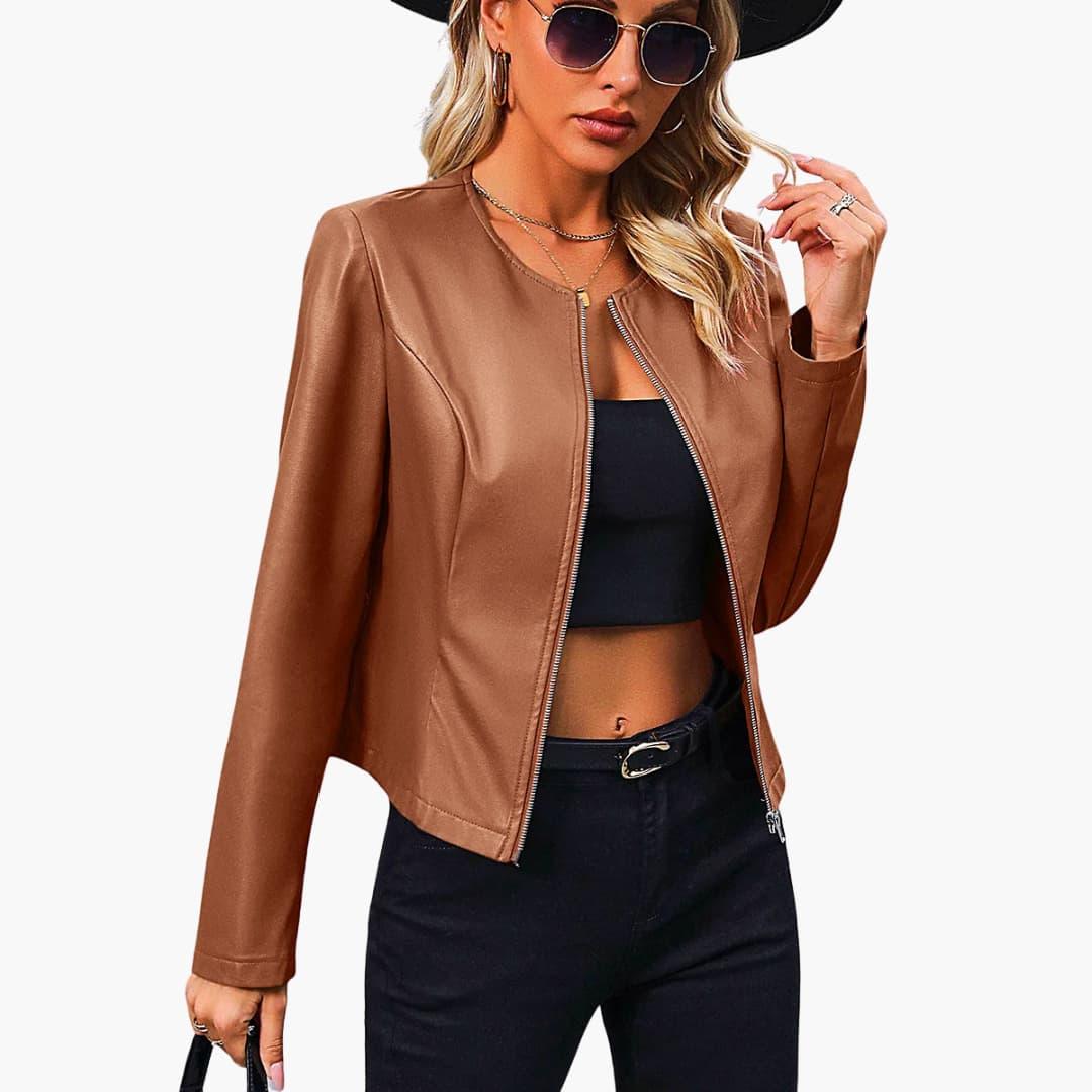 Bavane | Women's Biker Jacket with Round Neck and Zipper