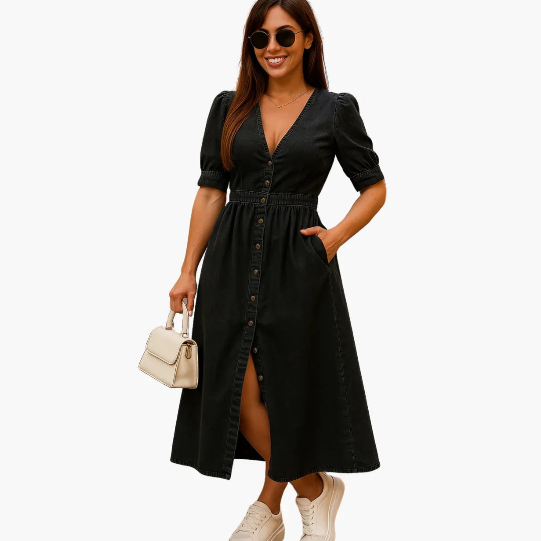 Midi Dress with Button Placket - Women's Fashion for Stylish Days