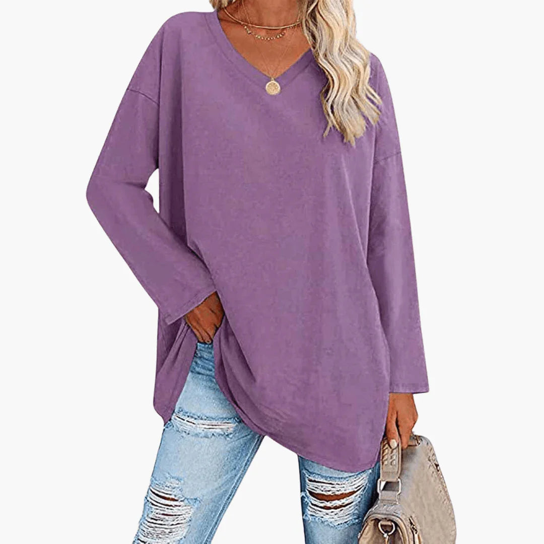Ladies Oversized V-Neck Long Sleeve Shirt  Comfortable & Casual