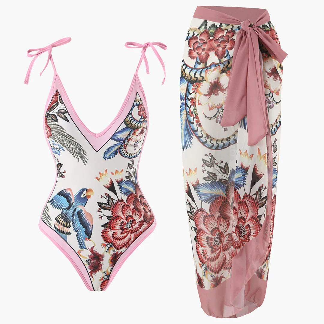 Women's Swimsuit Set - with Floral Pattern and Pareo Cover-up