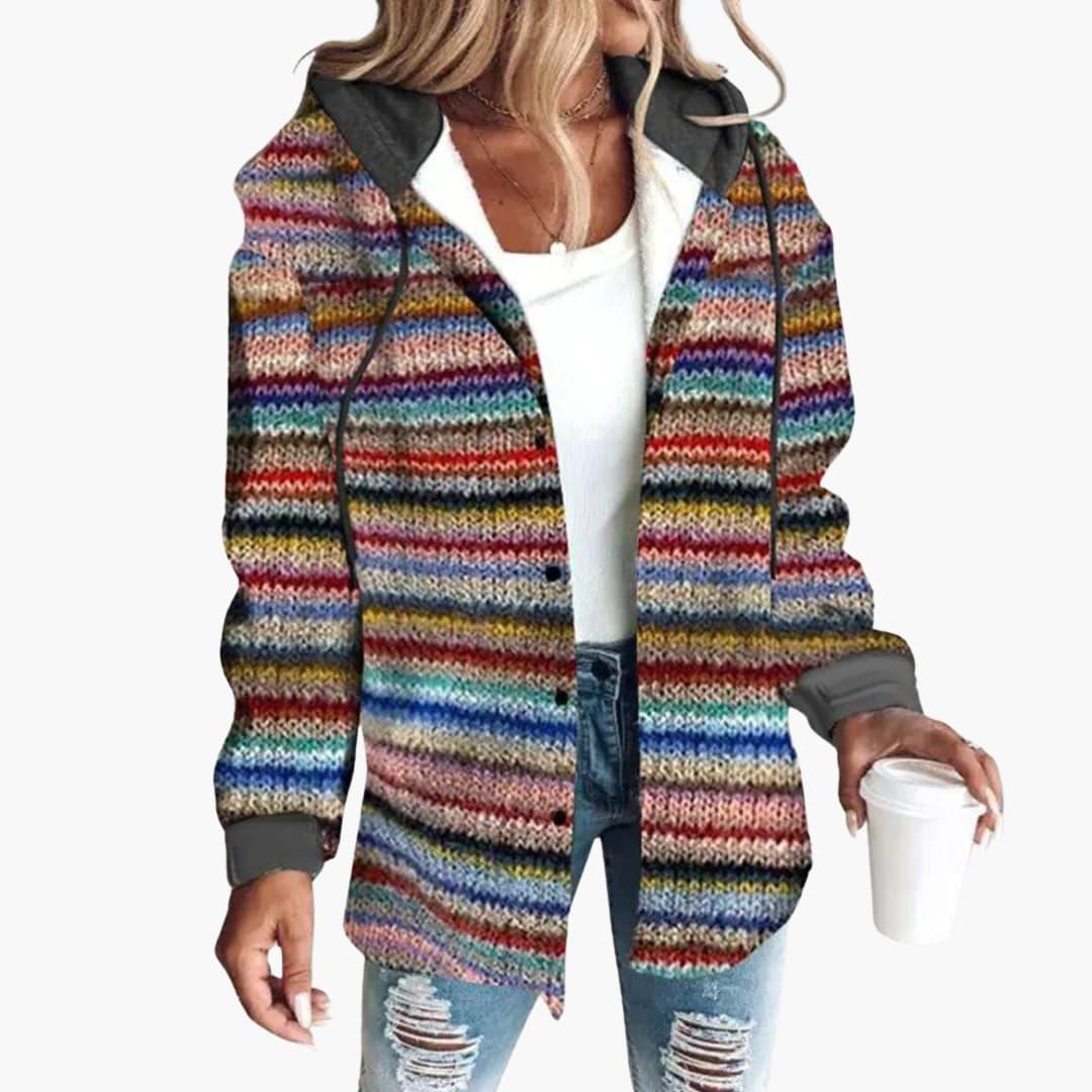 Warm Women's Knit Cardigan with Hood - Elegant Button-Down Cardigan
