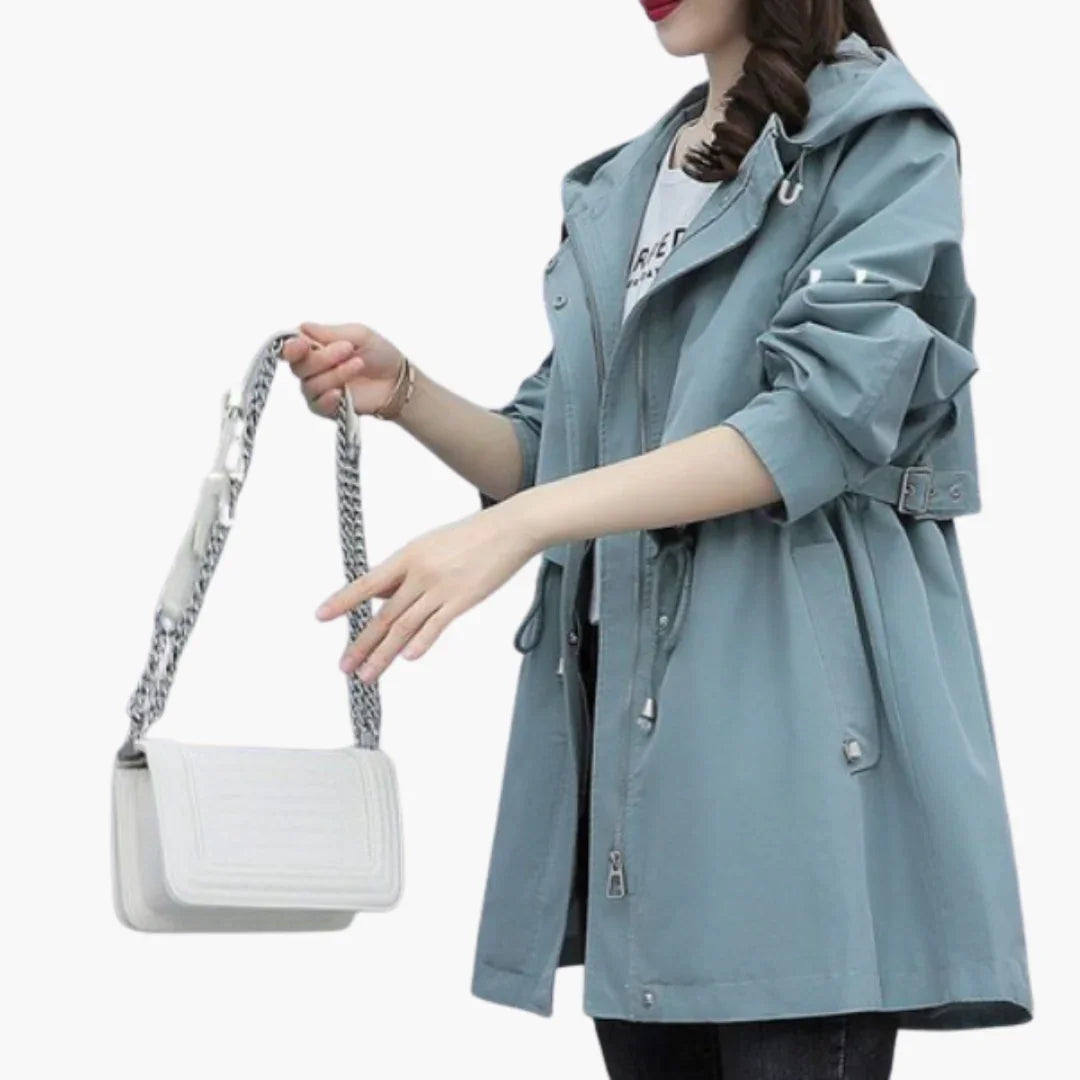 Womens Trench Coat with Hood and Adjustable Waist
