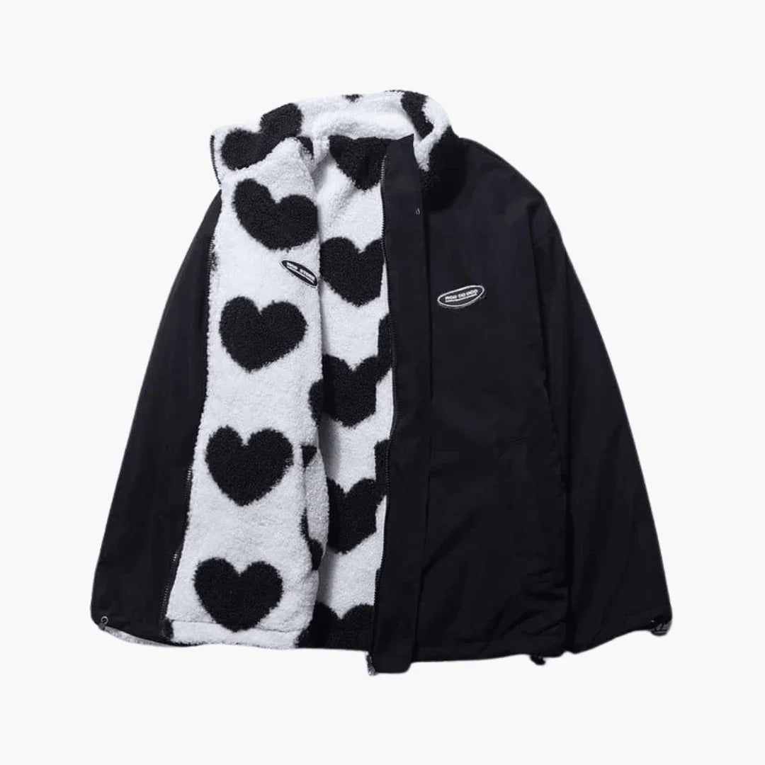 Reversible Women's Coat with Heart Pattern and Cozy Fleece