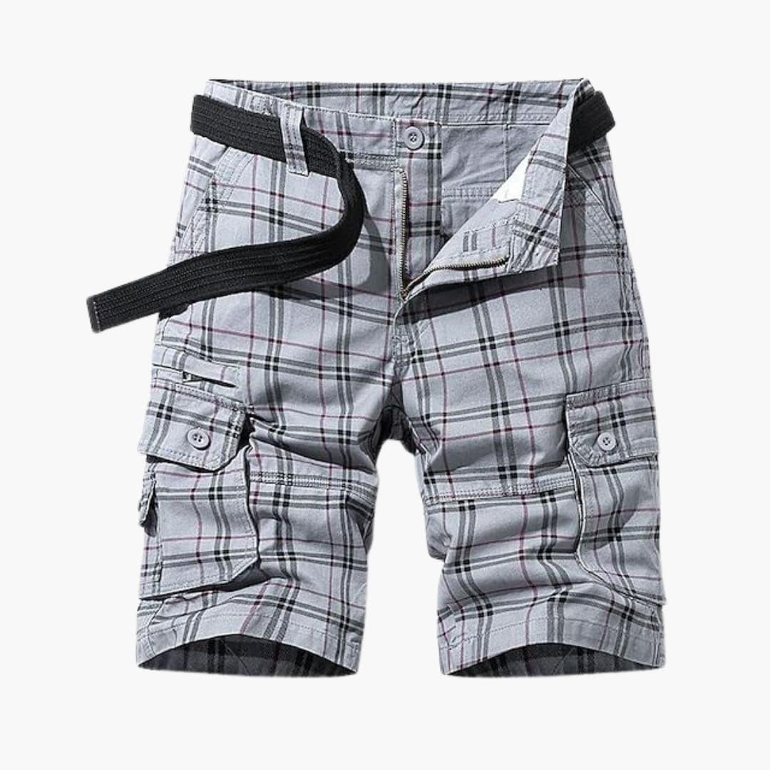 Men's Cargo Shorts with Check Pattern and Fabric Belt