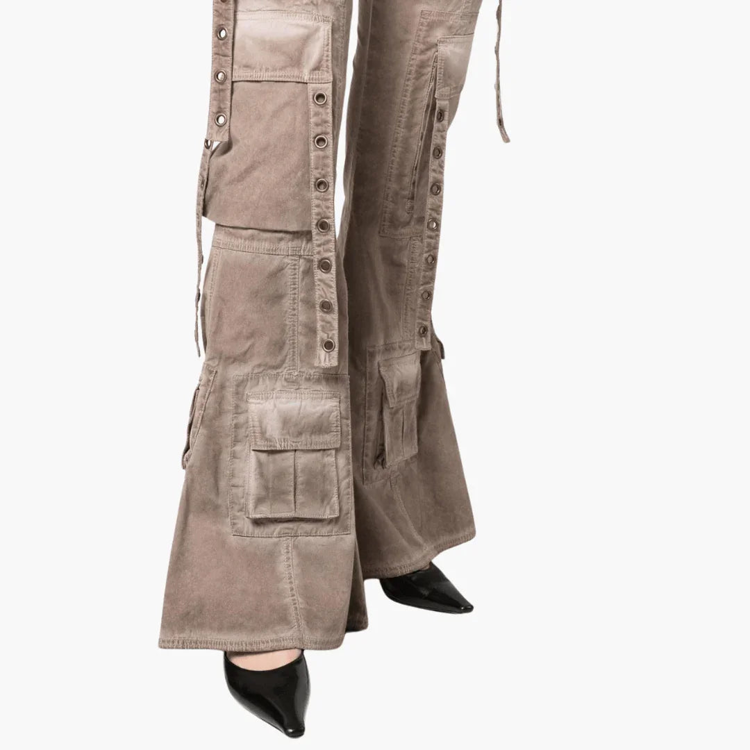 Cargo Pants for Women with Lacing  Beige Flared Pants