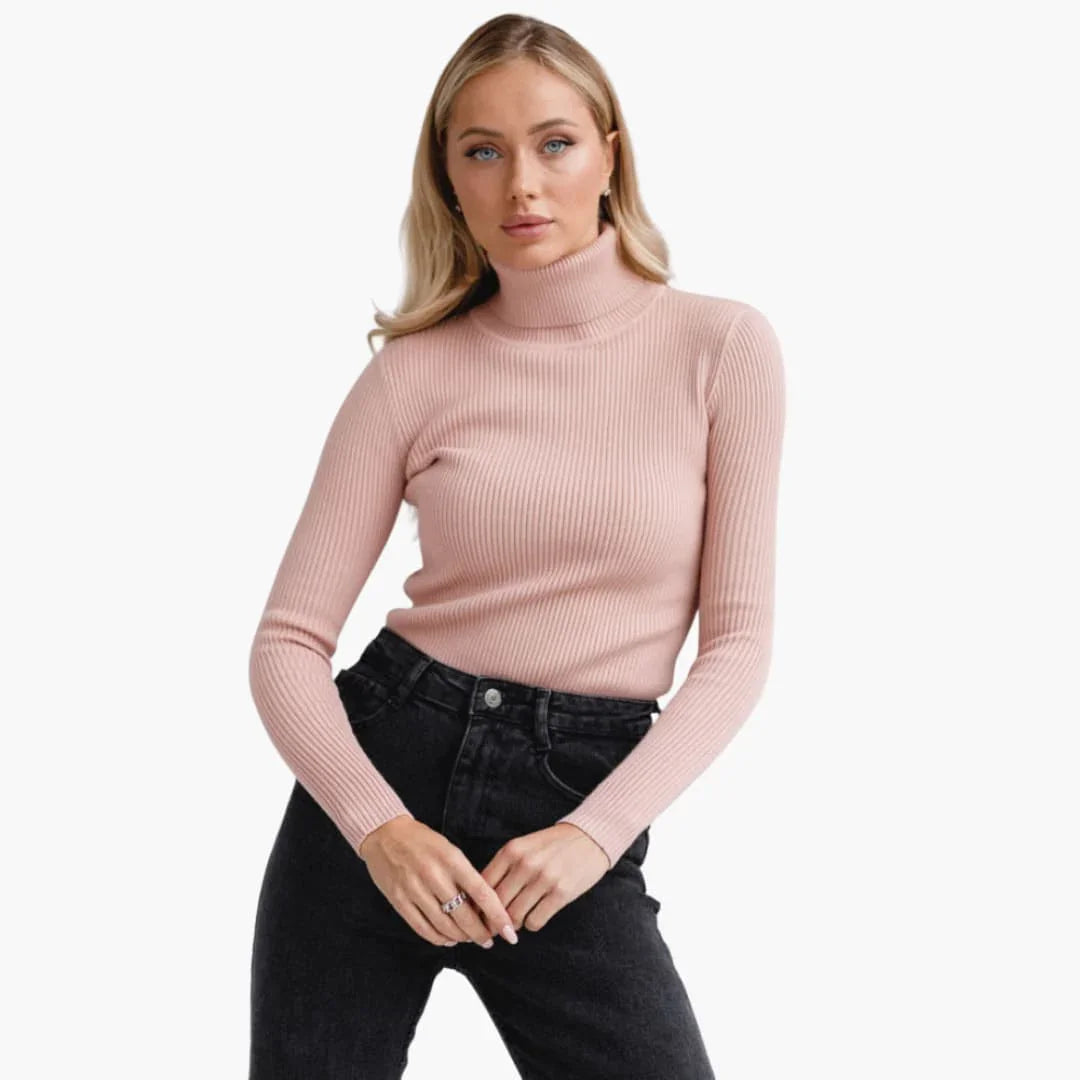 Women���s Turtleneck Sweater with Ribbed Cuffs and Hem