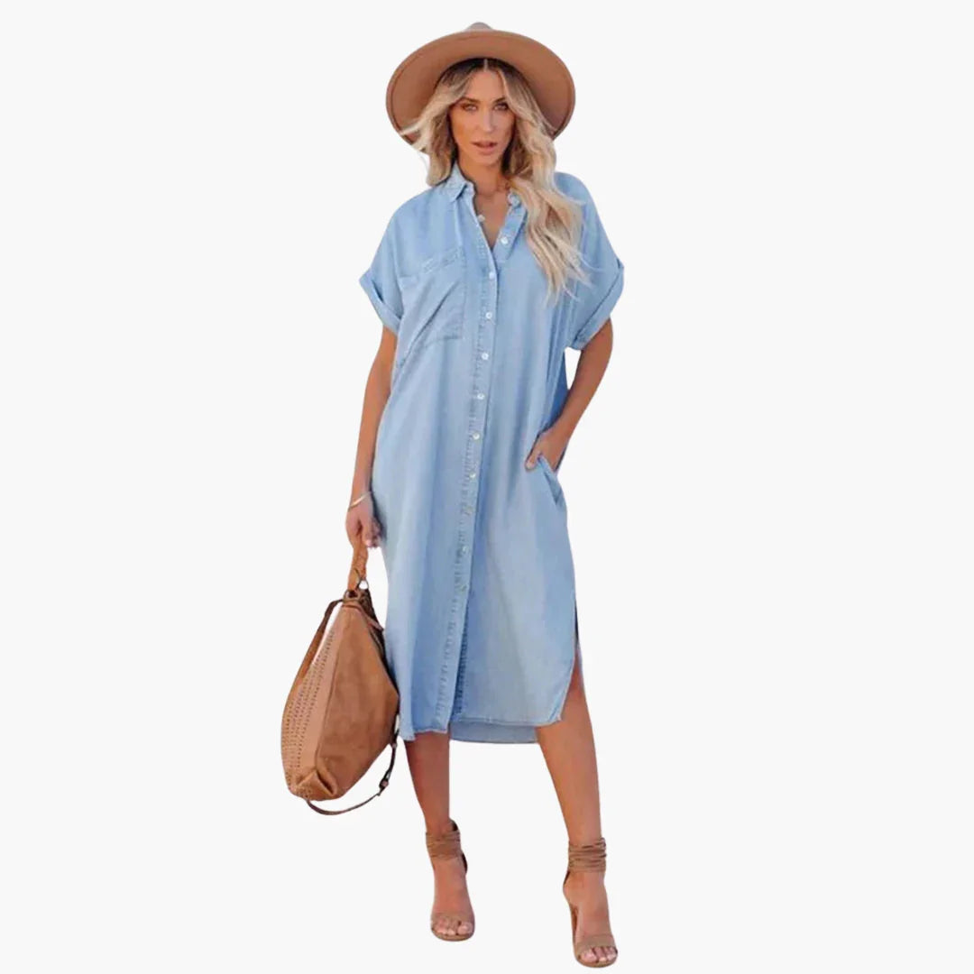 Denim Shirt Dress for Women  Casual, Button Placket, Short Sleeve