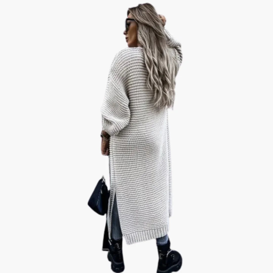 Women's Long Cardigan with Open Front and Ribbed Cuffs