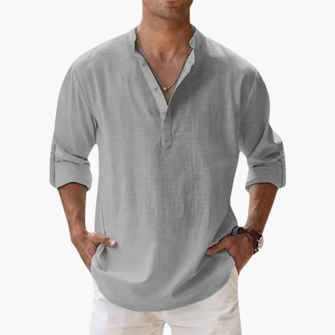 Casual Men's Linen Shirt  Long Sleeve, Henley Style
