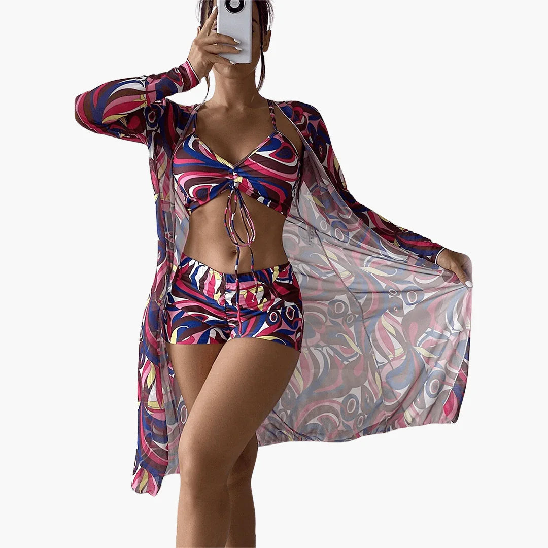 Bikini Set with V-Neck for Women  Including Tie-Dye Cover-Up