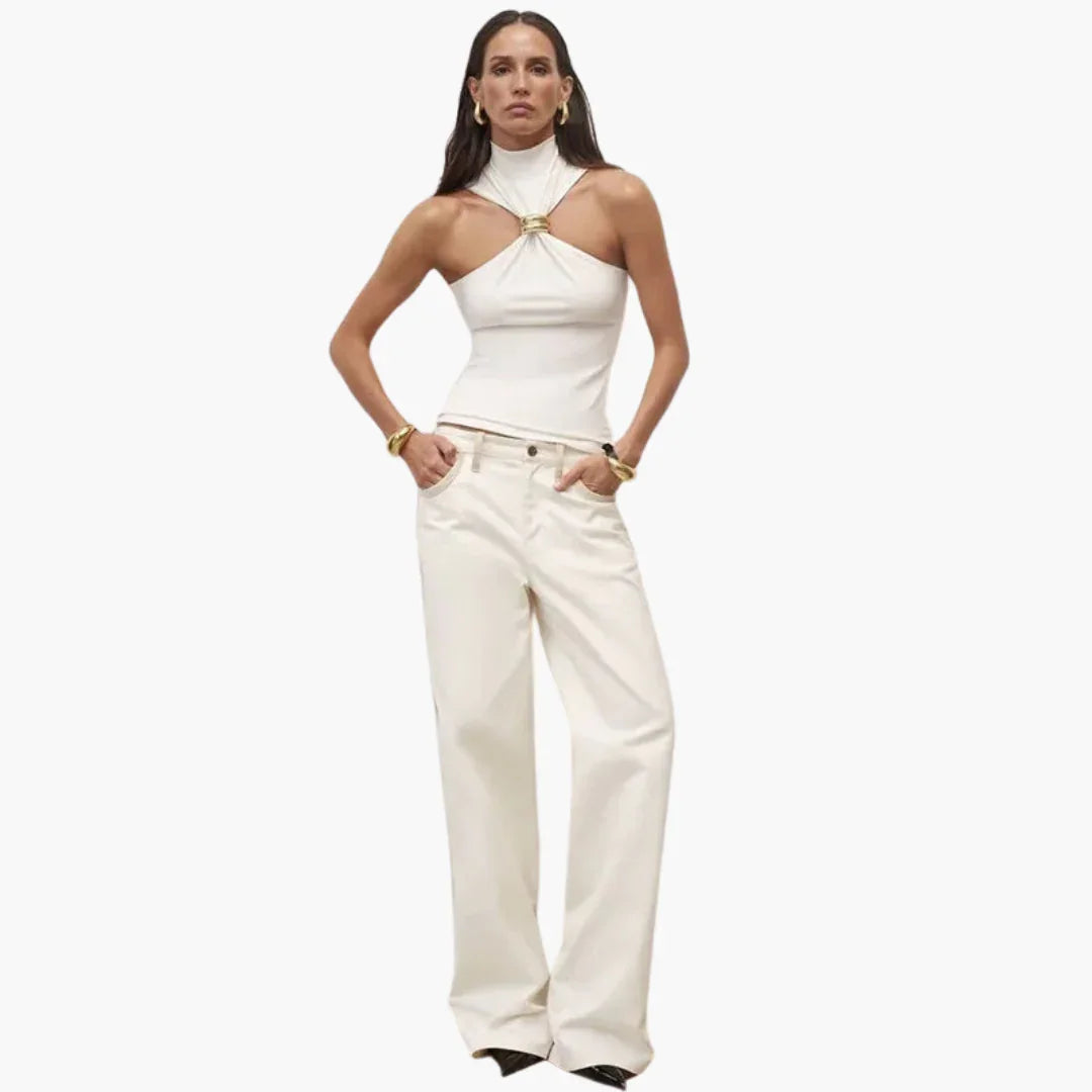 Chic High Neck Halter Top - for Women with Gold Accent
