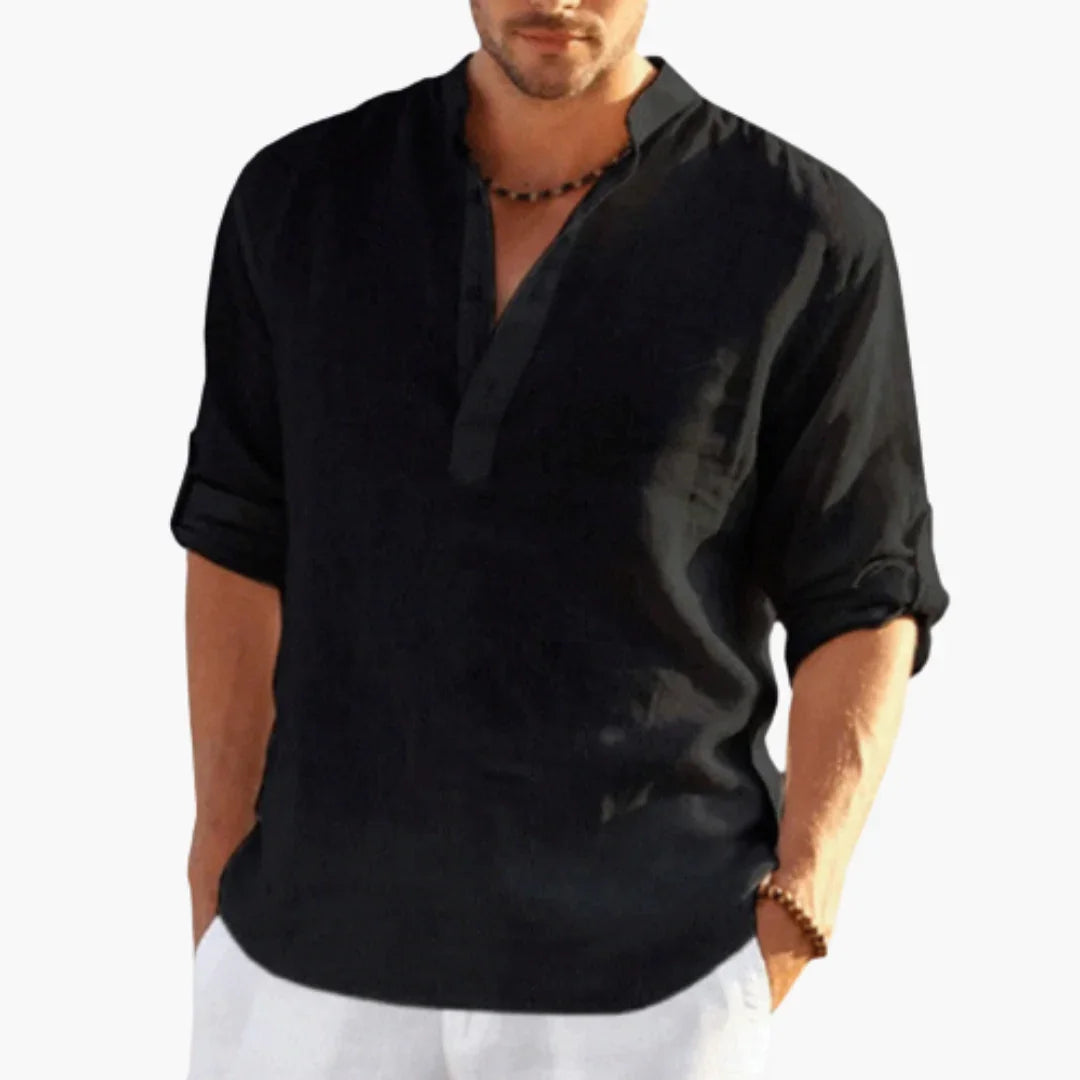 Stand Collar Linen Shirt with Button Placket for Men