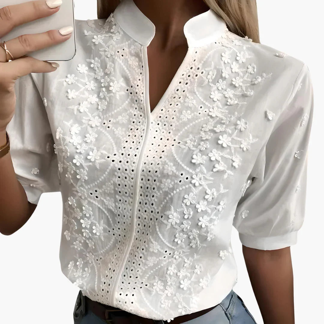 Women's Blouse with Short Sleeves and Embroidered Front