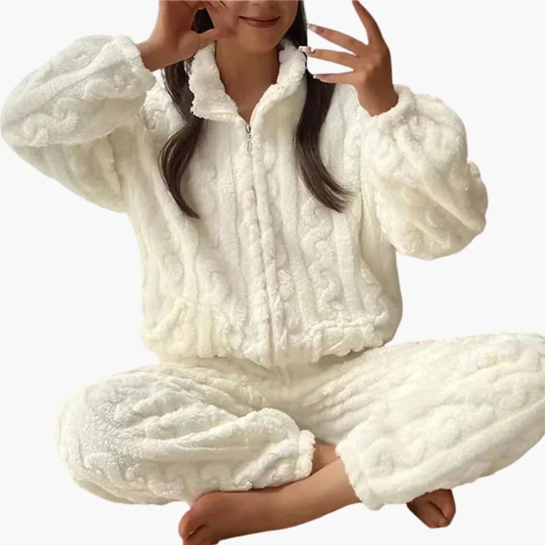 Women's Fleece Pajama Set with Zipper Top and Long Pants