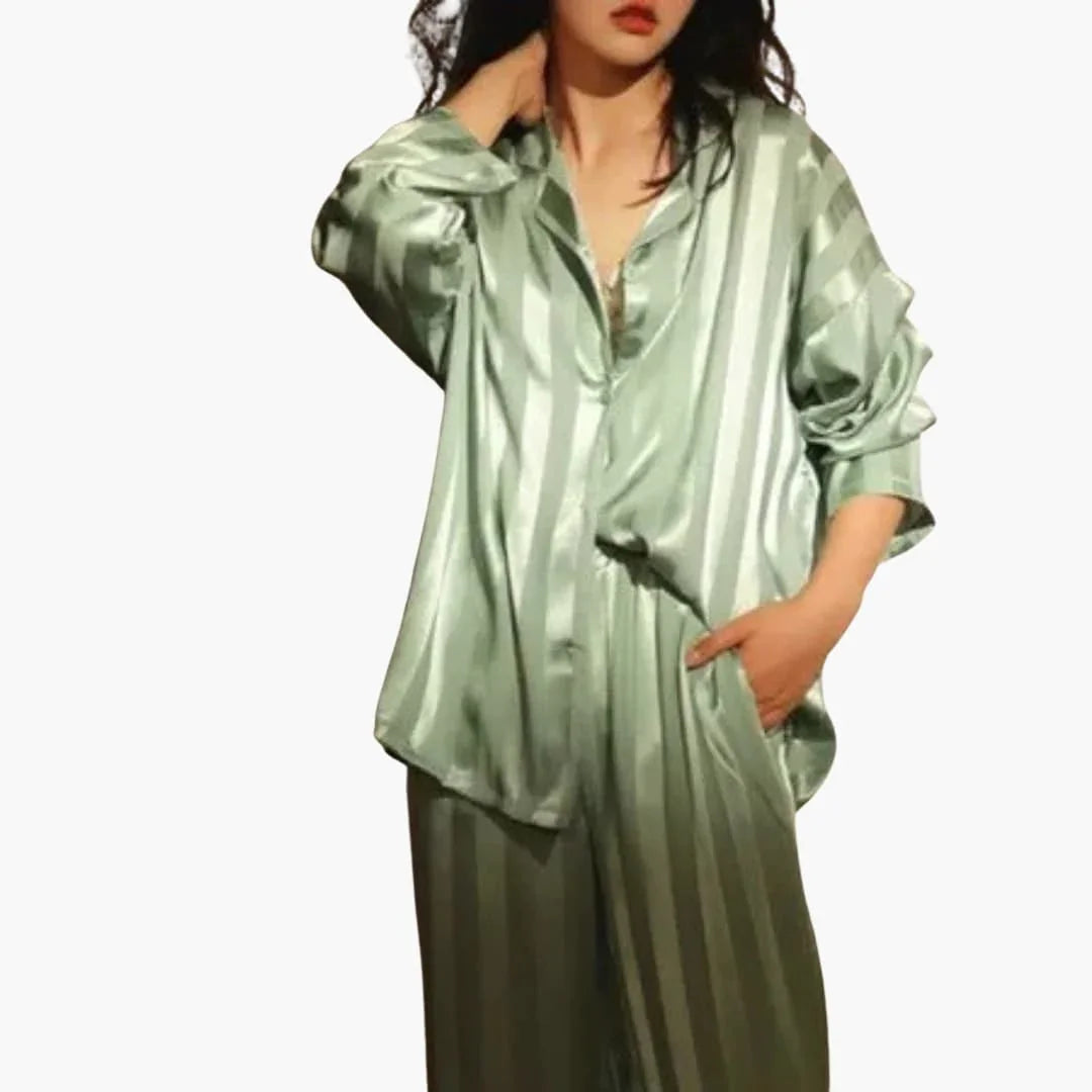 Women's Satin Pajama Set with Long Sleeve Shirt and Pants