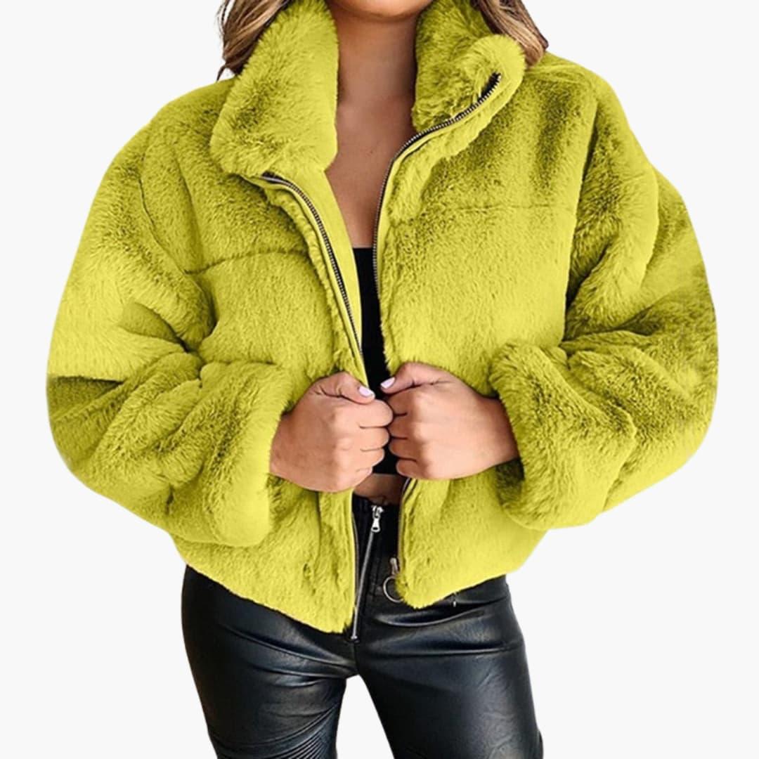Women's Faux Fur Jacket with Zipper and Stand-Up Collar