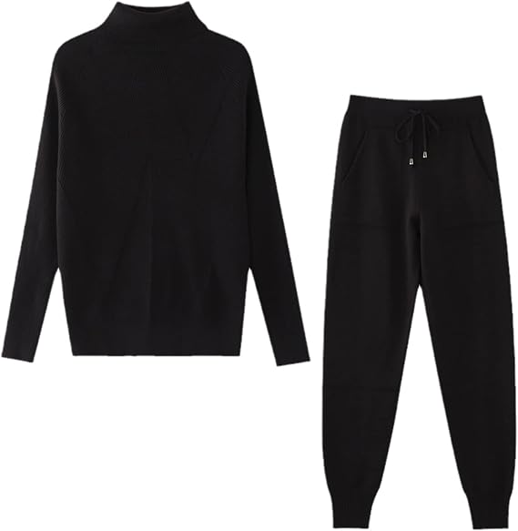 Women's Knitted Tracksuit with Turtleneck Sweater and Drawstring Pants