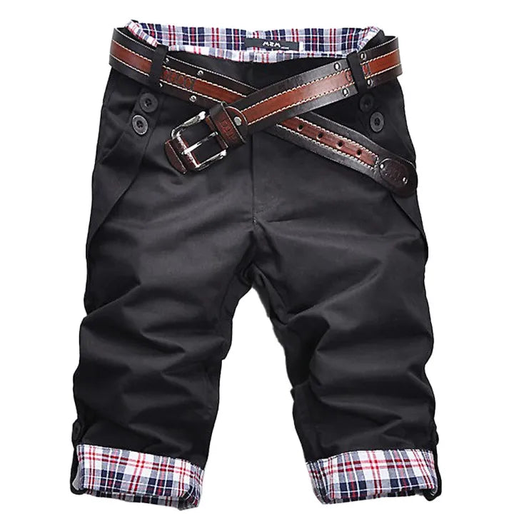 Men's Cotton Shorts with Belt and Check Cuffs Knee-Length