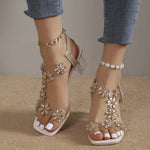 Women's Block Heel Sandals with Rhinestone Flowers and Cushioned Insole