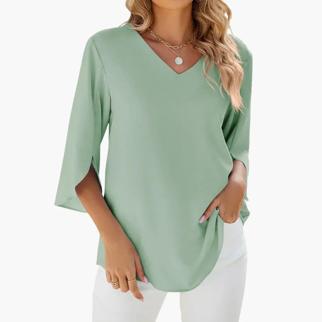 Ladies' Blouse - Loose V-Neck Top with 3/4 Sleeves