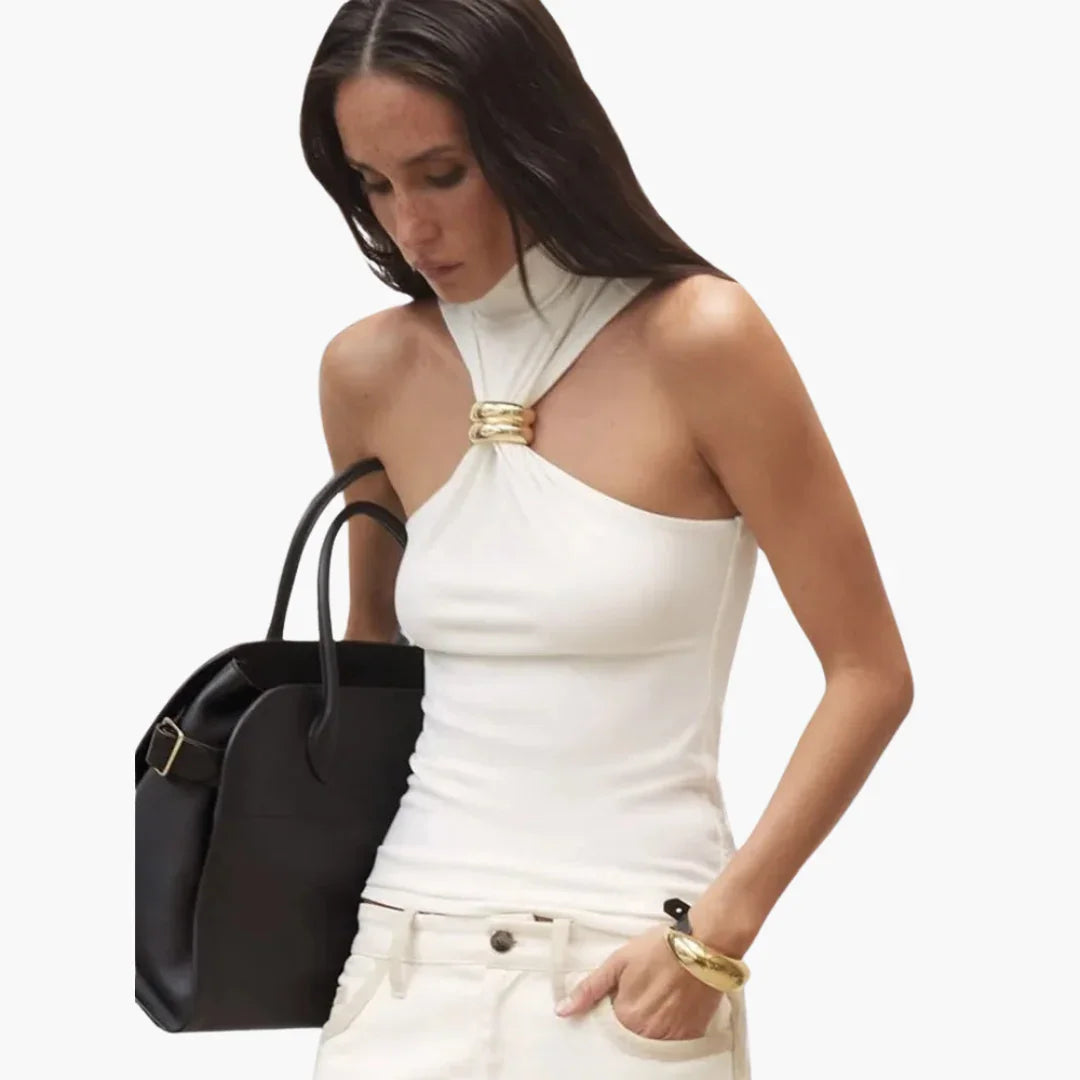 Chic High Neck Halter Top - for Women with Gold Accent