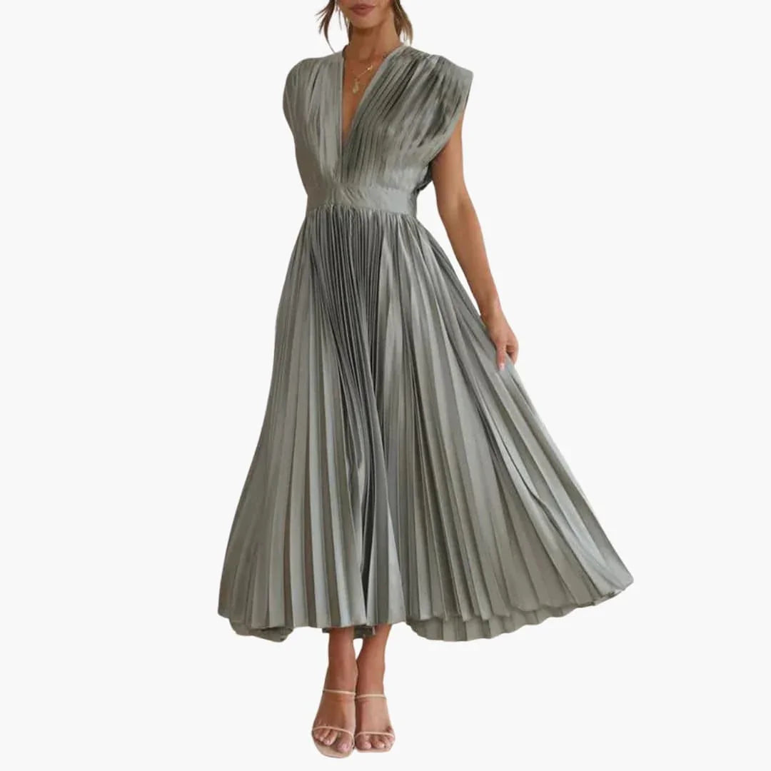 Bavane | V-Neck Midi Evening Dress for Women - Elegant Pleated Look