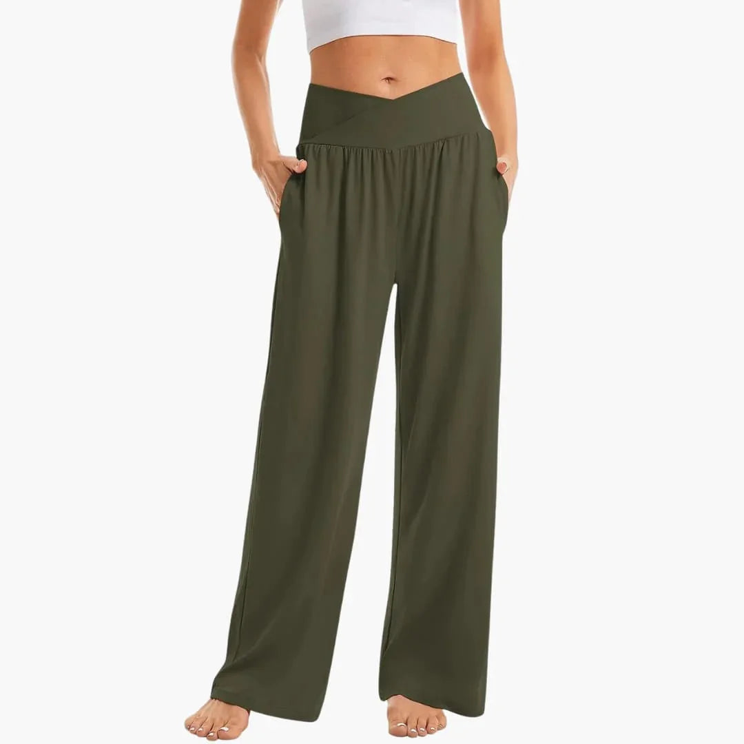 Women's Wide-Leg Pants with Crossed Waistband and Side Pockets