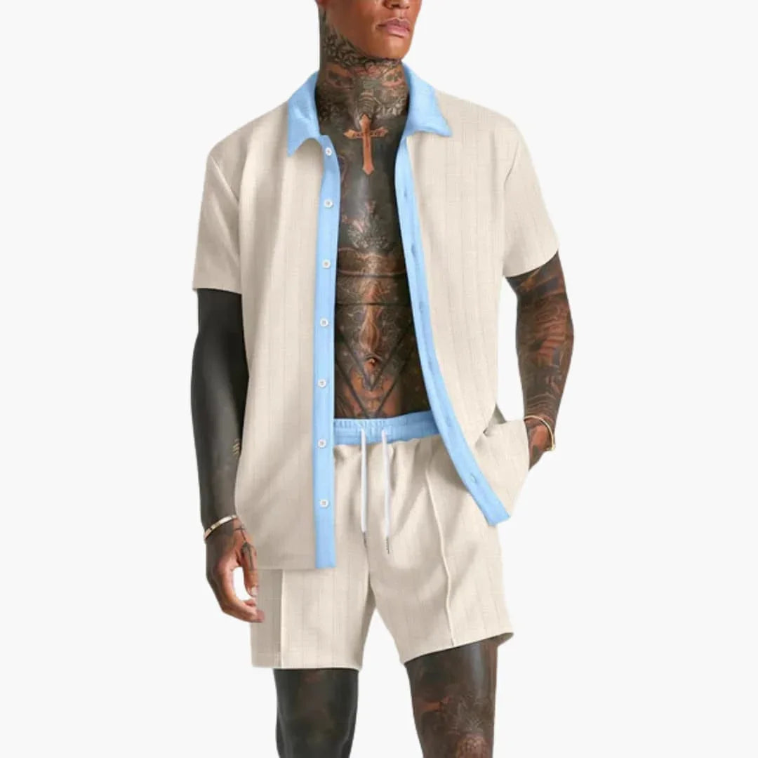 Men's Summer Set with Short Sleeve Shirt and Drawstring Shorts