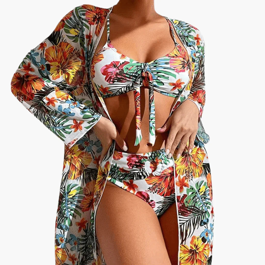 Bikini Set with Floral Pattern for Women - Includes Cover-Up