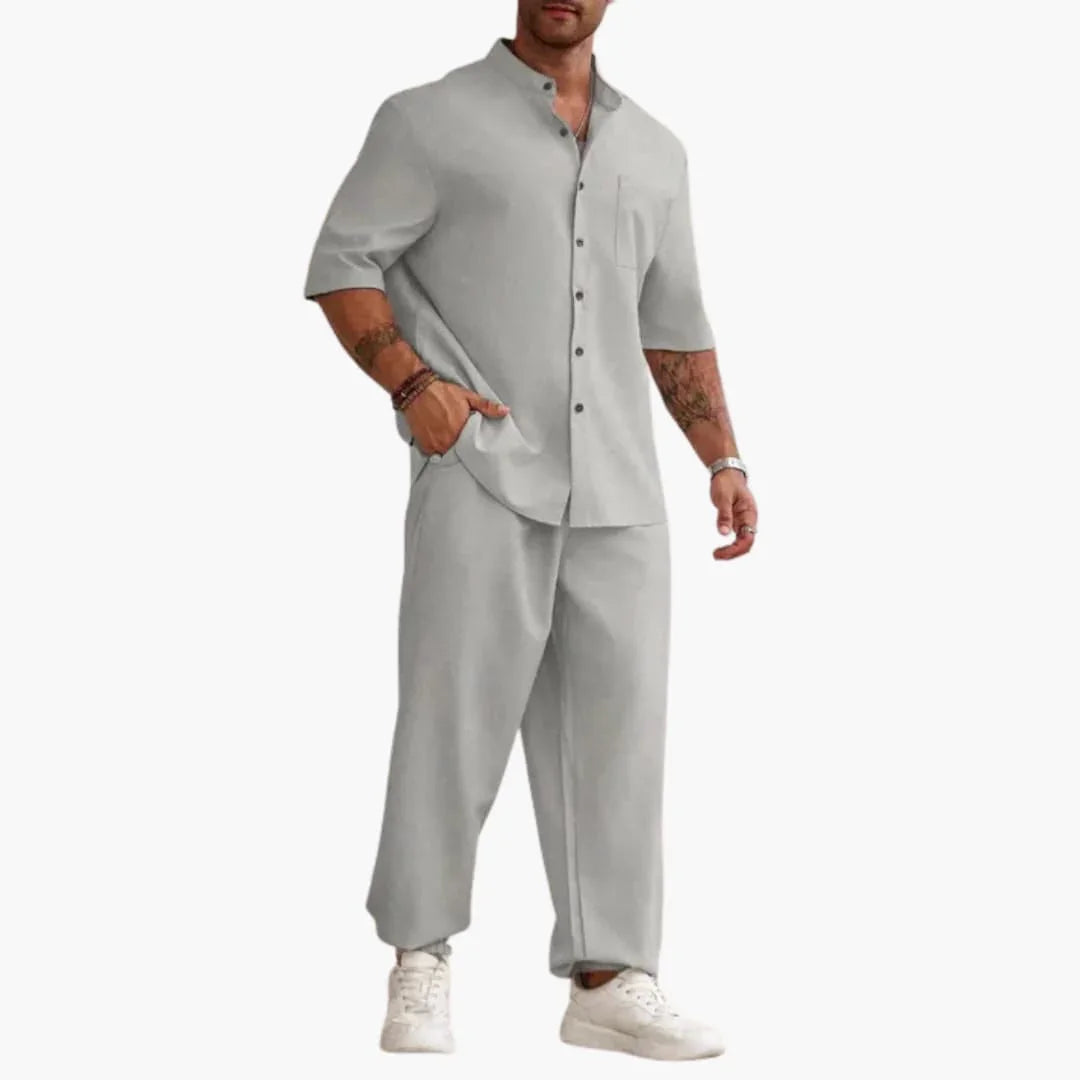 Men's Set with Short Sleeve Shirt and Long Pants for Summer