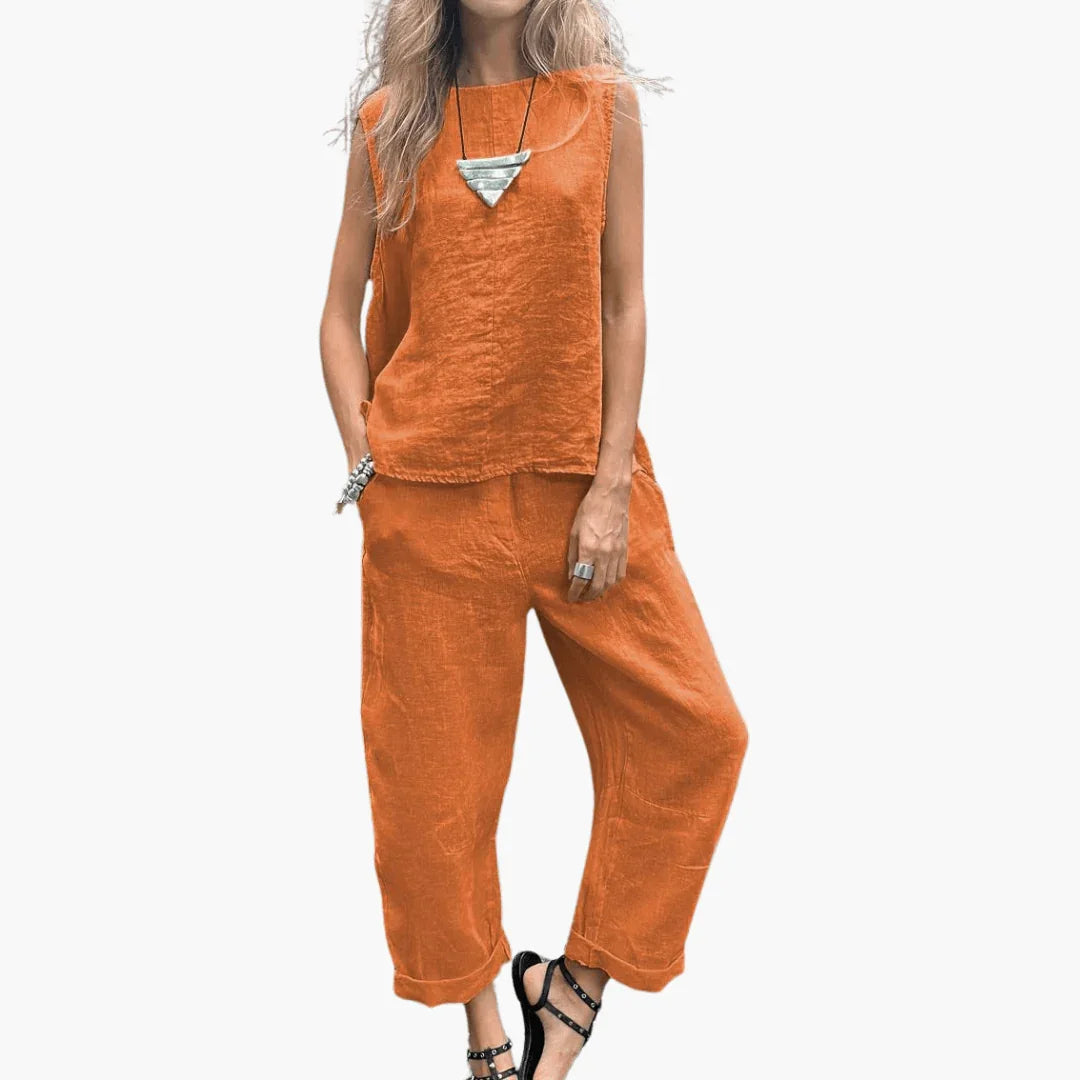 Casual Linen Two-Piece Set for Women - Top & Pants