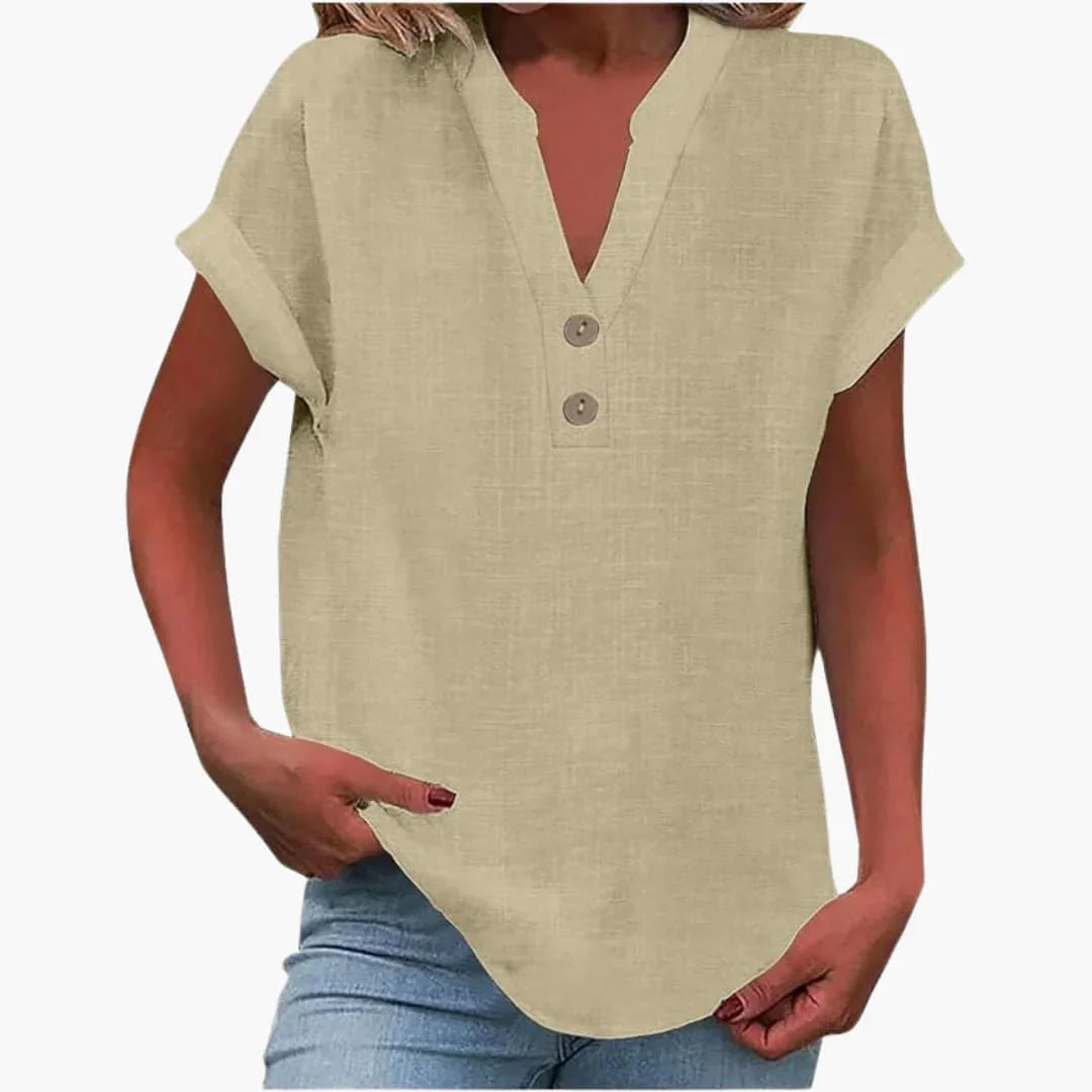 Women's Short Sleeve Shirt with V-Neck and Loose Fit