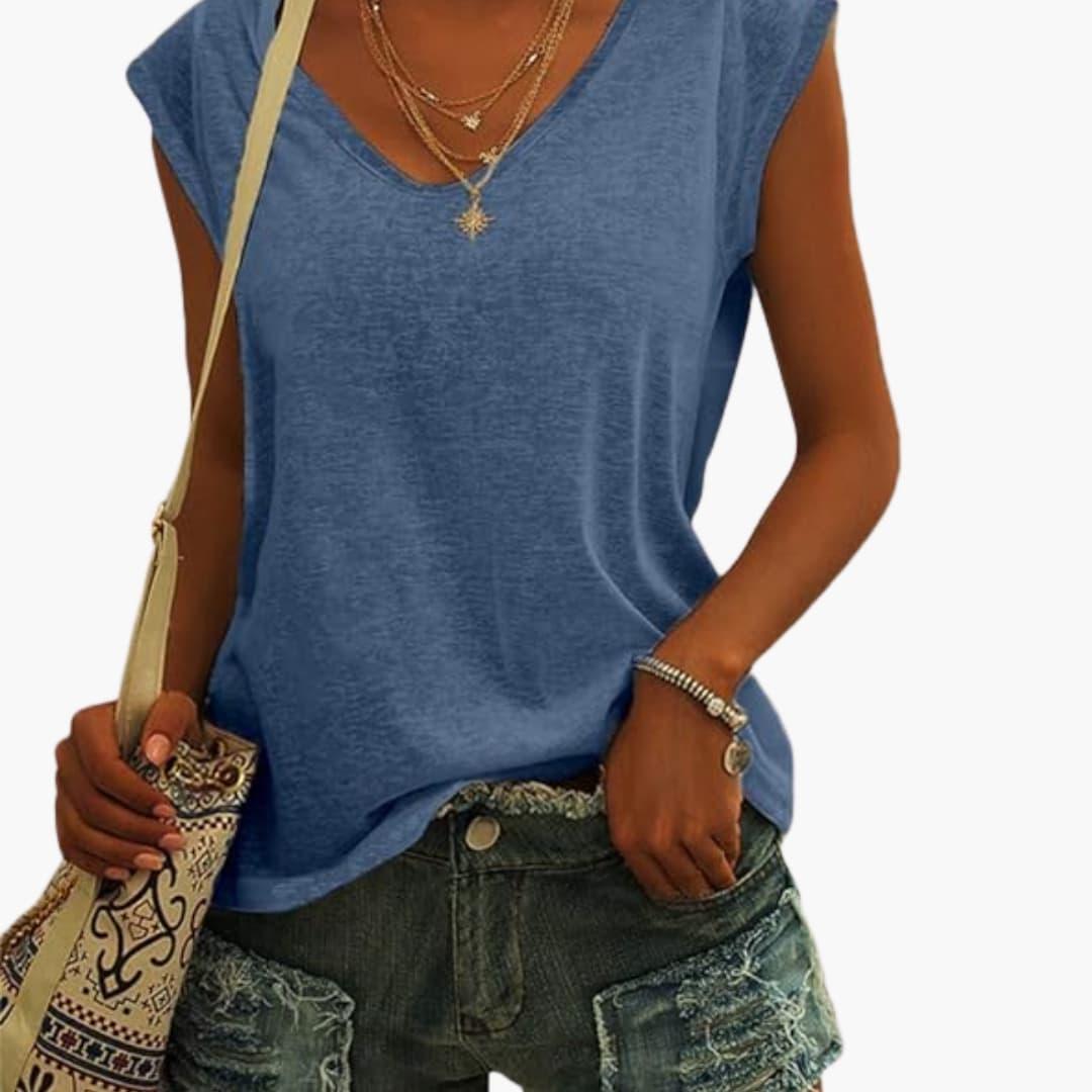 Womens V-Neck Top with Cap Sleeves and Stretch Material