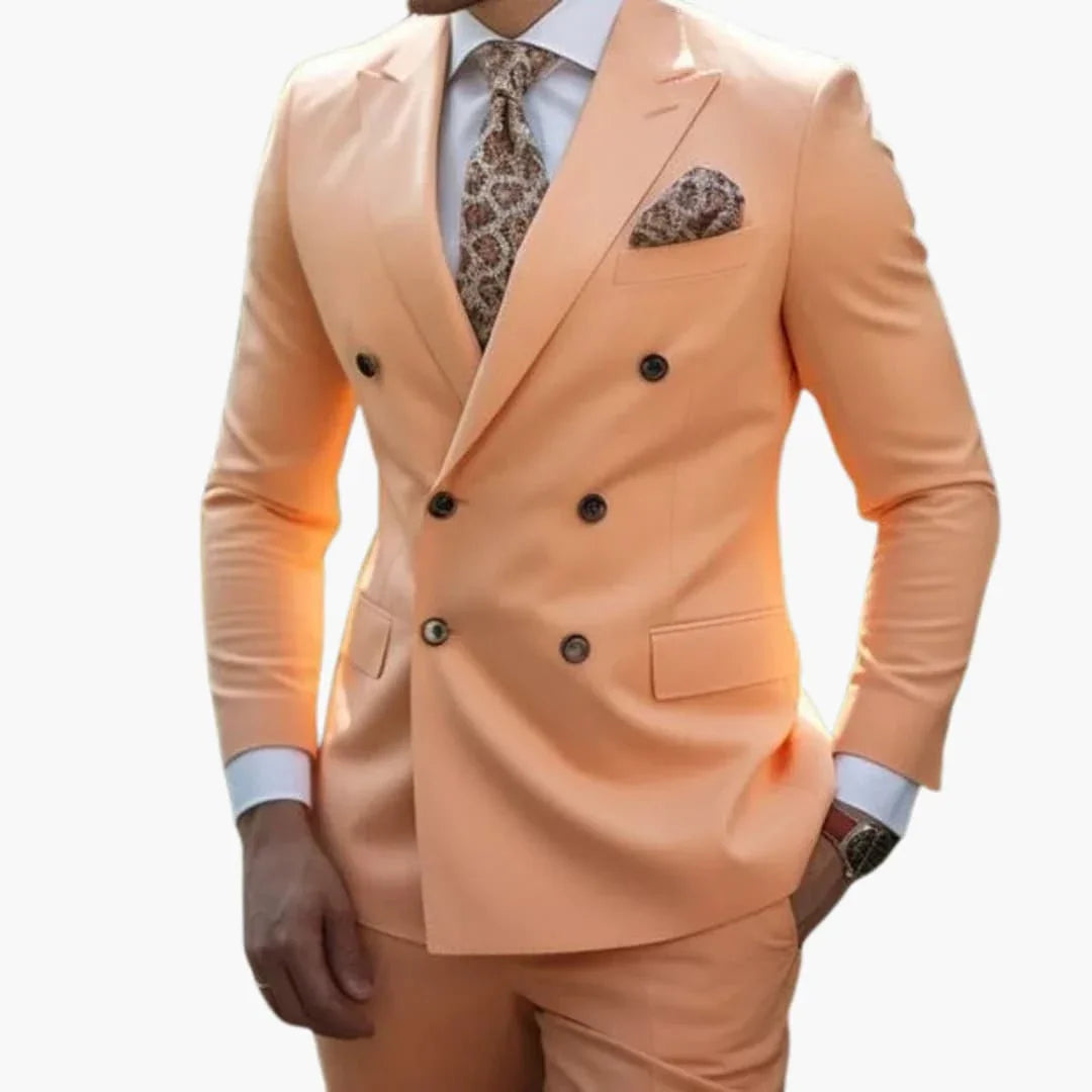 Two-Piece Men's Suit with Double-Breasted Jacket and Peak Lapel