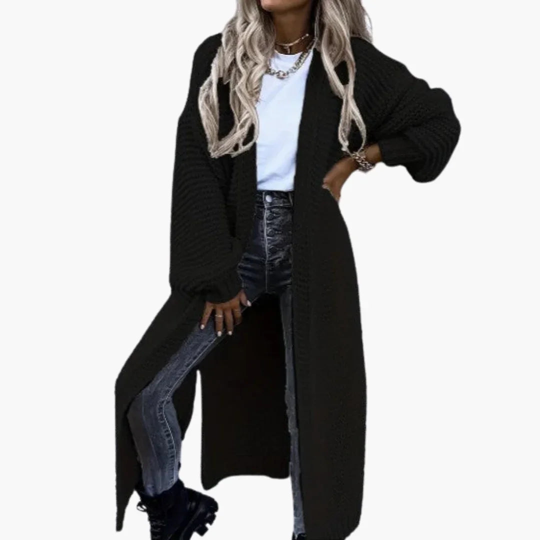 Women's Long Cardigan with Open Front and Ribbed Cuffs