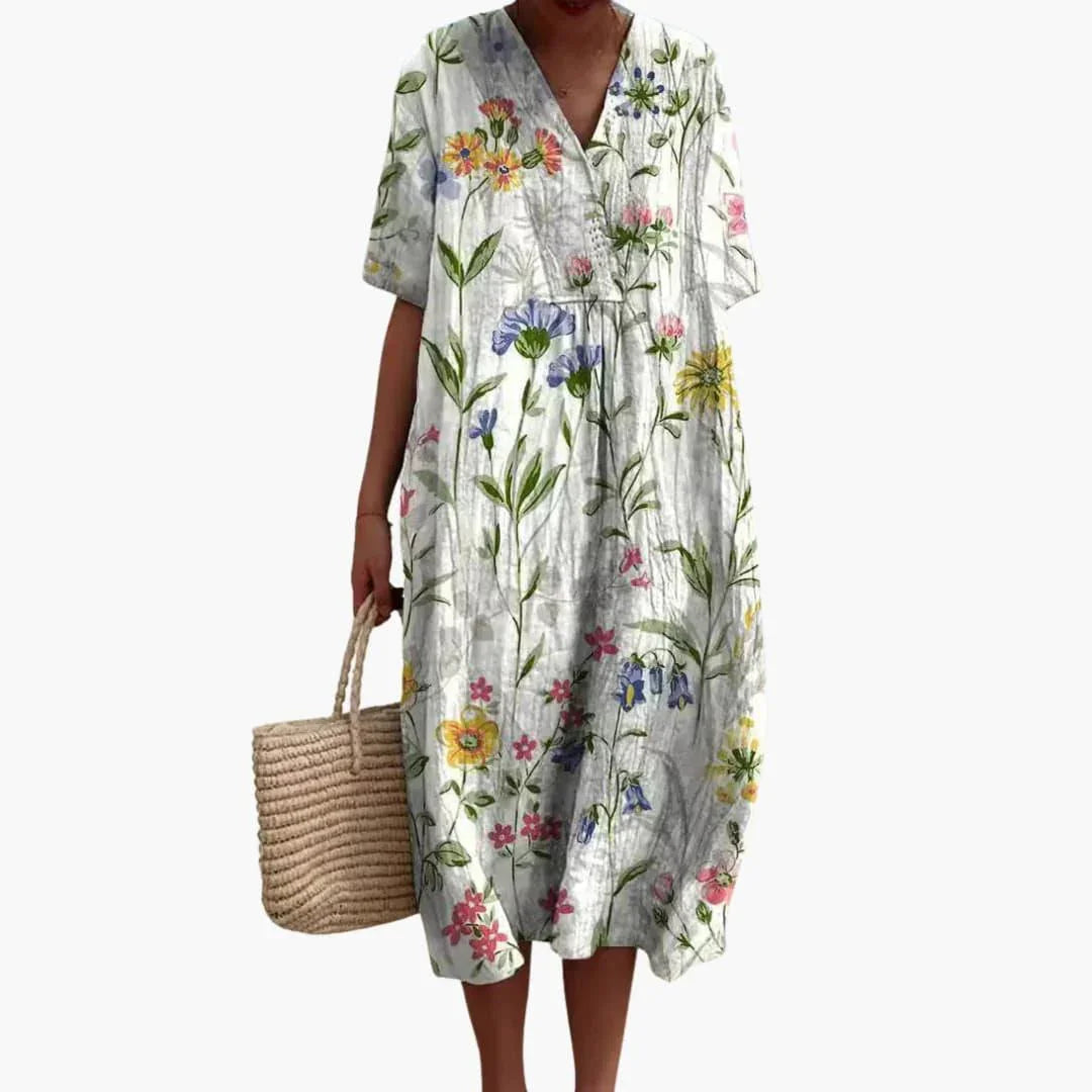 Women's Midi Dress with V-Neck and Short Sleeves