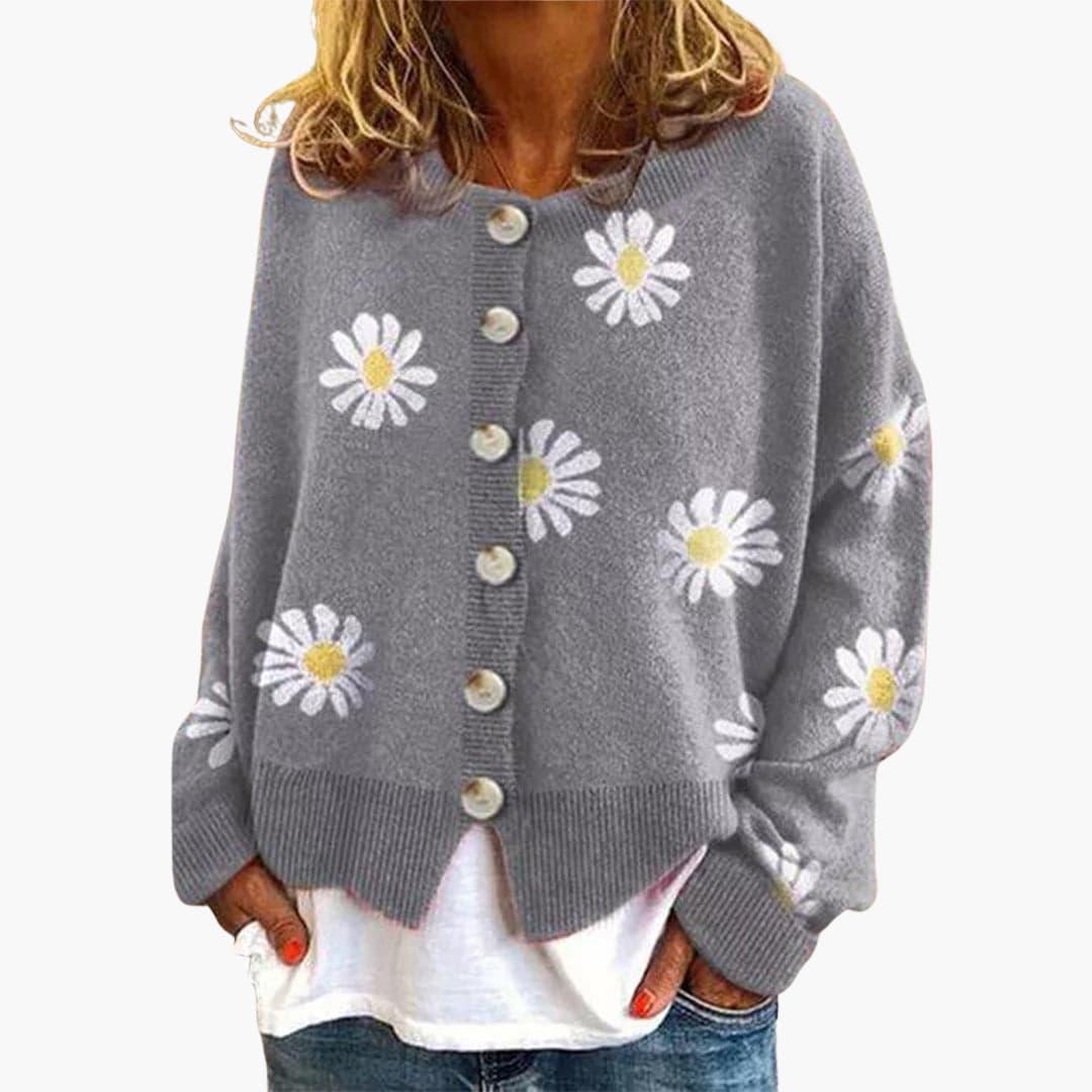 Women's Knitted Cardigan with Button Closure and Floral Pattern