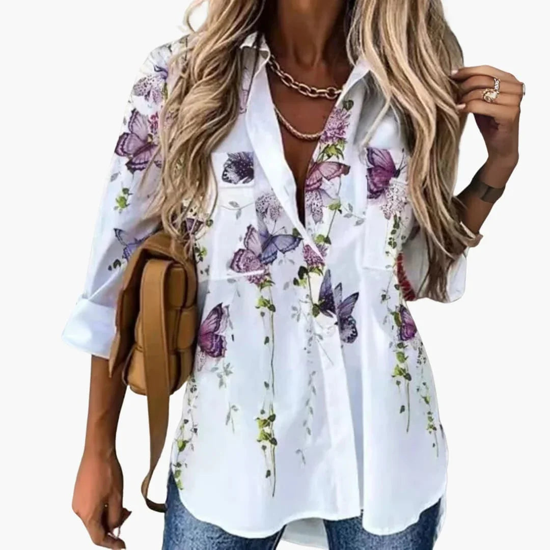 Blouse with Floral Pattern - Women's Casual Look with Contrast