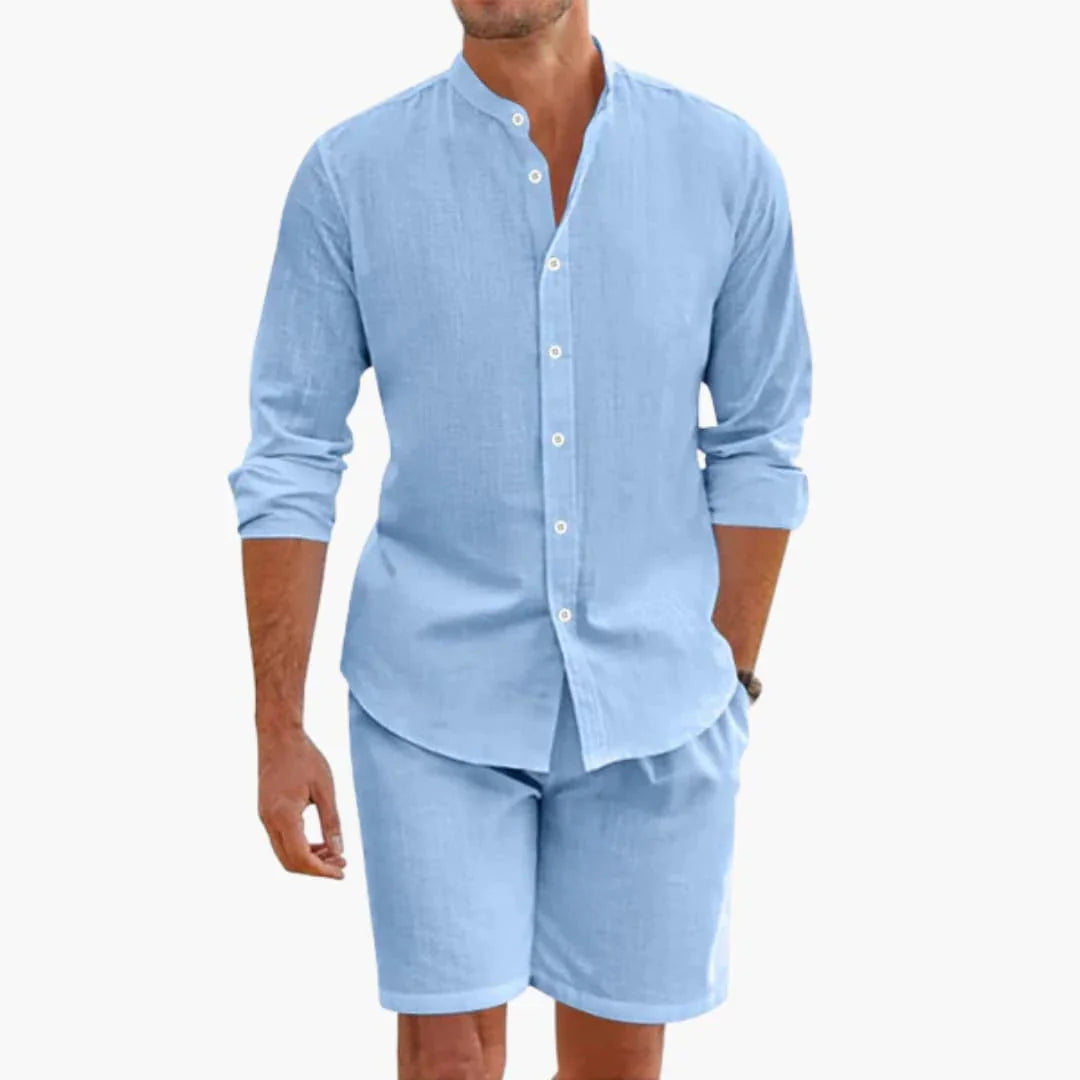 Men's Summer Two-Piece Linen Blend Set with Shirt and Shorts