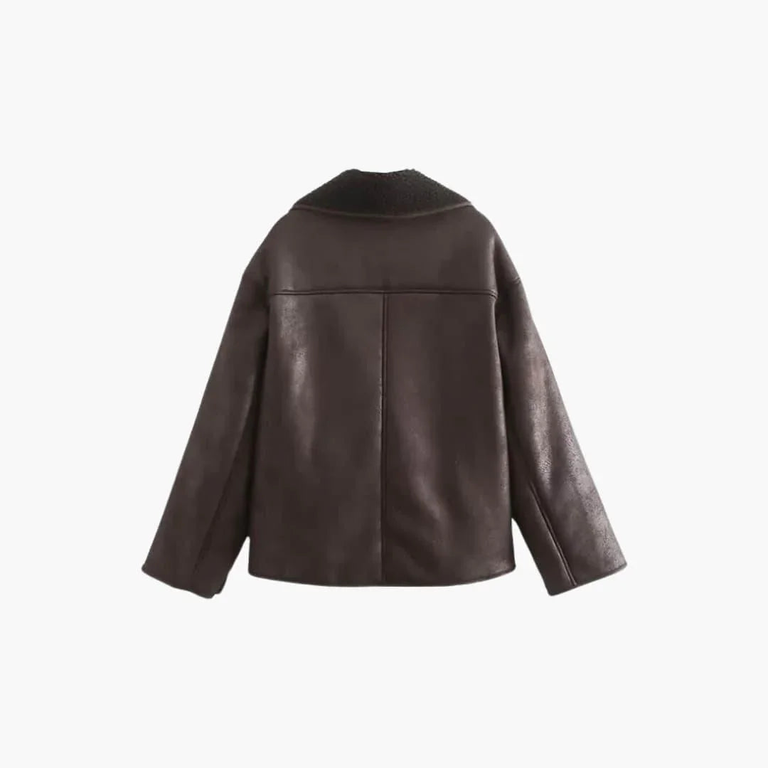 Elegant Women's Leather Jacket in Brown  Warm and Long-Sleeved