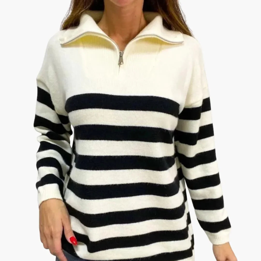 Striped Zip-Up Sweater for Women with Stand Collar