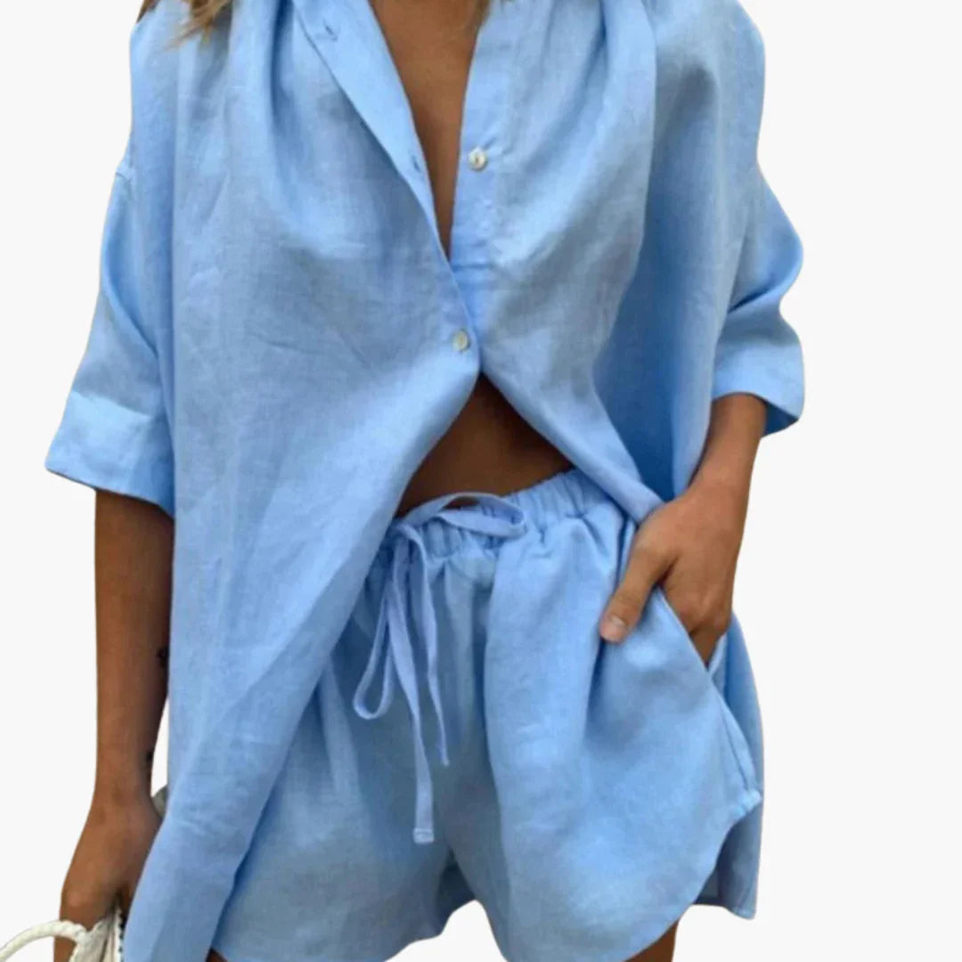Two-Piece Set for Women - with Button Placket and Shorts