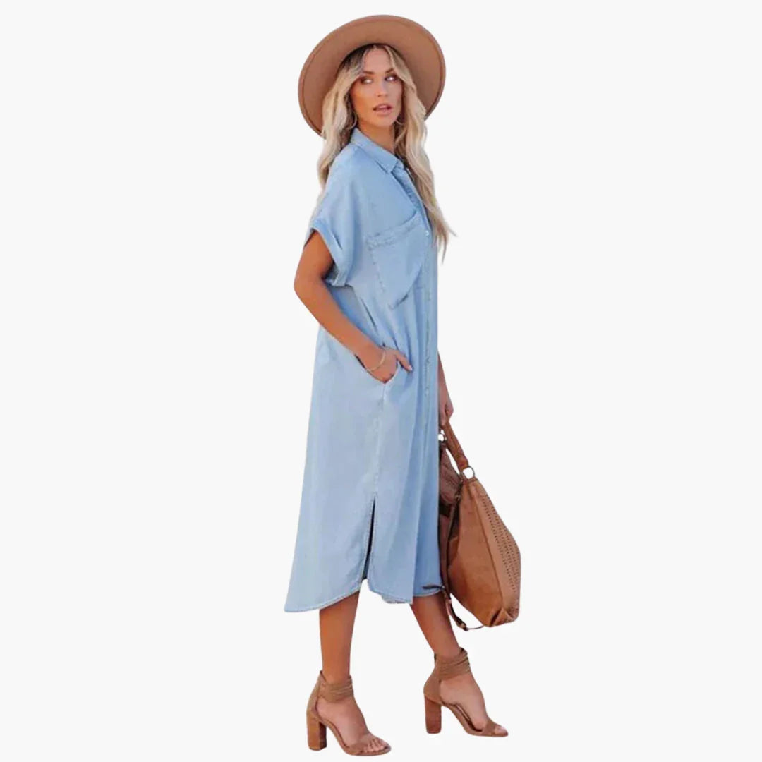 Denim Shirt Dress for Women  Casual, Button Placket, Short Sleeve