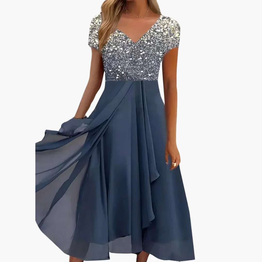 Midi Dress for Women - Elegant with Sequins & Chiffon Skirt