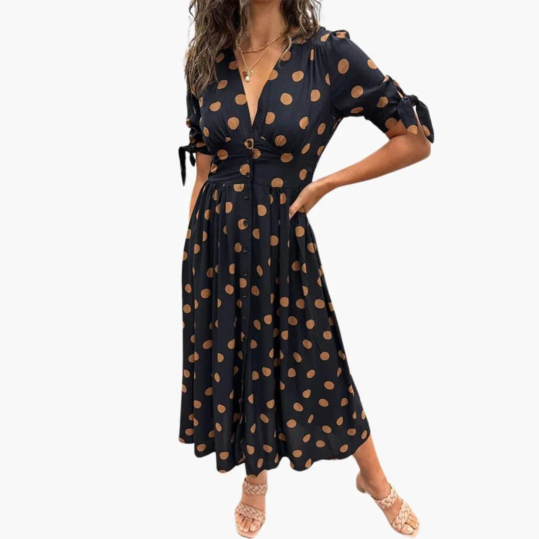 Bavane | Women's Polka Dots Dress  Midi Summer Dress with Buttons